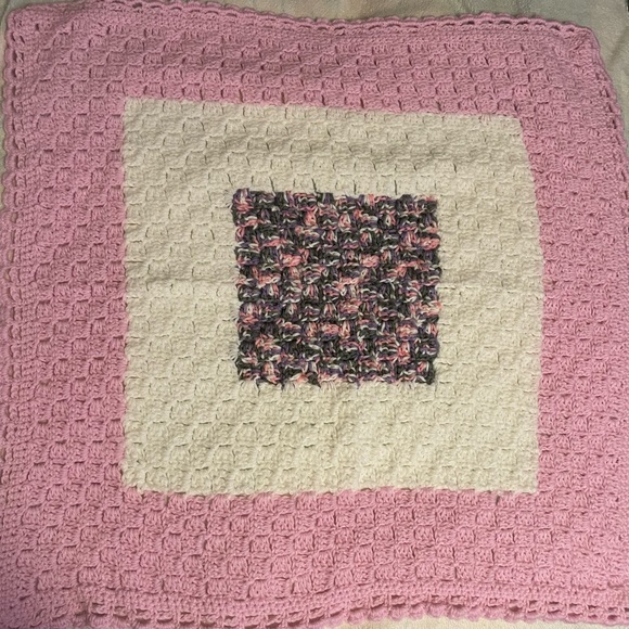 Hand crocheted baby blanket done in Pink, White, Purple Multi. - Picture 2 of 3